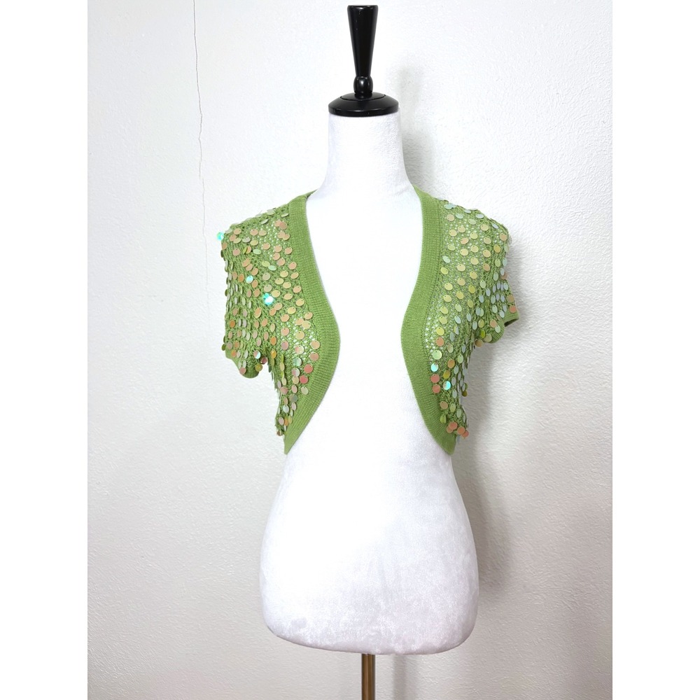 Y2K Vintage Sparkly Chartreuse Sequin Open Knit Cropped Shawl Cardigan Small
